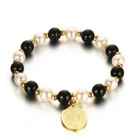 8MM Womens Obsidian Beaded Simulated Pearl Virgin Mary Coin Charm Bracelet 18K Gold Plated