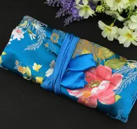 Portable Folding Jewelry Roll Up Bag 3 Zipper Silk Brocade Pouch Drawstring Chinese traditional Silk free shipping