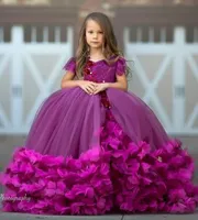 Arabe pourpre robe de bal filles Pageant Robes de soirée Wears Pour les ados froncé Fleurs papillon Enfants fête d'anniversaire de robes de soirée Wears