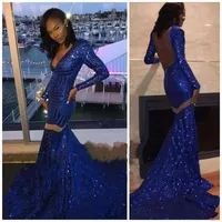 2019 Mermaid Sexy Sparkly Royal Blue Prom Dresses Sequins V Neck Long Sleeve Sweep Train Formal Celebrity Party Plus Size Evening Gowns Wear