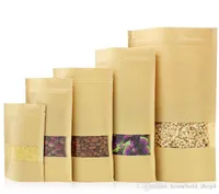 Kraft Kağıt Torba Stand Up Hediye Kurutulmuş Gıda Meyve Çay Ambalaj Torbalar Kraft Kağıt Pencere Çantası Perakende Fermuar Kendinden Sızdırmazlık Çanta 14 Boyutları
