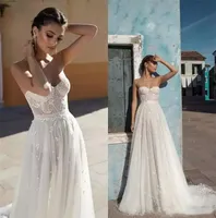 2019 Nuevos vestidos de novia Gali Karten sin tirantes Una línea de vestidos de novia de encaje Sweep Train Backless Cheap Beach Wedding Dress