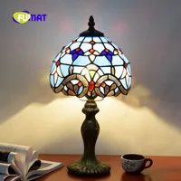 Fumat Baroque Table Lamp TiffanyステンドグラスシェードベッドルームベッドサイドランプLEDデスク読書ライト12インチリビングルームデスクライト