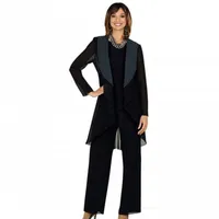 Cheap Mother of the Bride Pants Suit with Jacket Fall Long Sleeve Three Pieces Ankle Length Black Chiffon Wedding Guest Party Gowns