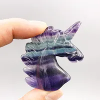 2,0 "Naturlig fluorit kvarts kristall Unicorn Carving Hästhuvud ädelstenskalle Figurin för hembröllopsdekoration 1 st