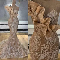 Chmpagne Glitter Dubai One Shoulder Prom Dresses Mermaid Long Formal Evening Party Gowns Arabic Couture Kaftan Cocktail Gowns