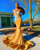 Brilhante amarelo Satin Prom Dresses Mermaid Sexy Mermaid Vestidos sem mangas Lace apliques Partido Prom Africano Vestidos