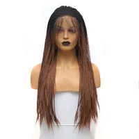 Las raíces oscuras Ombre Brown trenzado pelucas a prueba de calor del pelo sintético caja larga trenzada peluca del frente del cordón con el pelo del bebé para las mujeres Negro