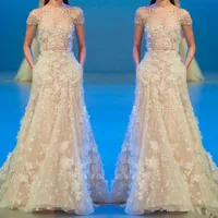 Najnowszy Elie Saab Dresses Evening Wear Illusion Koraliki 3D Kwiatowy Appliqued Krótki Rękaw Prom Suknie Tulle Długa Formalna Party Dress