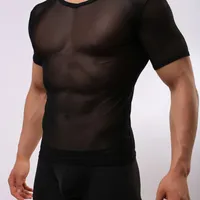 Мужчины футболки прозрачная сетка видеть сквозь топы тройники сексуальный человек футболка О-образным вырезом Синглет гей мужской повседневная одежда футболка одежда