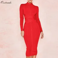 Ocstrade der neuen Ankunfts-2019 Frauen-Midi-Verband-Kleid Red Sexy High-Ausschnitt Langarm Bodycon Verband-Kleid-Rayon-Partei-Kleider Y200102