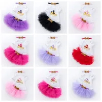 Baby Girls Clothes 1st Birthday Infant Romper Skirts Headband 3PCS Sets Toddler Girl Tutu Outfits Baby Clothing 12 Designs DW4242