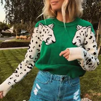 Neue Pullover für Frauen Kontrastfarbe Mosaik Leopard Muster Langarm Hemd Frauen Strickhülse Beiläufige Lose Oansatz Herbst