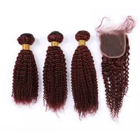 # 99J Burgundy Red Hair Bundles und Closure verworrene lockige Spitze-Schliessen mit Weaves Weinrot Malaysian Curly Haarverlängerungen mit Closure