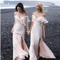 Sexig sida Split Beach Bridesmaid Dresses Junior Bohemian Style Spaghetti Straps Maid of Honor Wedding Party Dress Off Shoulder New 2019