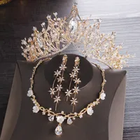 Gouden Bridal Crowns Tiaras Haar Hoofddeksel Ketting Oorbellen Accessoires Bruiloft Sieraden Sets Goedkope Prijs Fashion Style Bruid 3 Stuks