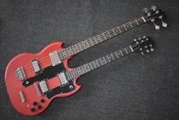 Factory Custom Double Neck Matte Red Electric Bass and Guitar with 4+6 Strings,Rosewood Fretboard,Chrome Hardware,Can be Customized