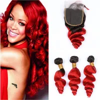 # 1B / Red Ombre Lose Welle 3Bundles Brasilianisches Reines Haar mit Verschluss Ombre Rot Schwarz wurzelt gewelltes Menschenhaar mit 4x4-Verschluss