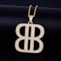 B Lettera di forma geometrica con collana a catena corda Collana in argento dorato con diamanti Bling Zircone cubico Gioielli da uomo