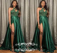 Elegante girocollo 2019 verde Prom Dresses Appliques Beads Satin Long A Line Side Split Evening Dress Party Abiti formali