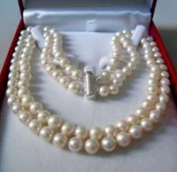 Cadeau femme cadeau Love 2 rangées de 8 à 9 MM BLANCHE AKOYA EAU DE PERLE COLLIER 17-30 "mujer for silver-jewelry