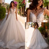 Modest beach Boho wedding Dress Lace O Neck Sleeveless A Line Long Tulle plus size Wedding Dresses Bridal Gowns robes de mariée