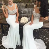 Sexy Weiß 2020 Mermaid formalen Abend-Kleider Perlen Backless Plus Size Abendkleid mit Perlen verziert Partei tragen Durchsichtig Maxi-Kleid