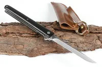 New Arrival Cheap Flipper Folding Knife 440C Drop Point Satin Blade Wood Handle Ball Bearing Knives With Leather Sheath