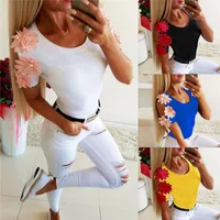Female T-Shirt Women Cheap Clothes Fashion Summer Appliques Hollow Out Short Sleeve Round Neck Solid Color Casual T-Shirt