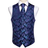 Snabb leverans Mäns Klassisk Lila Blå Paisley Silk Jacquard Waistcoat Vest Handkerchief Manschettknappar Party Wedding Tie Vest Suit Set MJ-0104