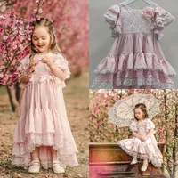 2020 Flower Pink Beach Girl Dresses Jewel Neck Lace Boho vestido de primeira comunhão Para a menina Low A-Line alta crianças vestido de casamento