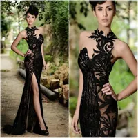 Noble Black Fashion Slim Prom Dresses Dresses di alta qualità I paillettes Altissime girocollo abiti convenzionali Sexy Spalato Vedi attraverso abiti da sera