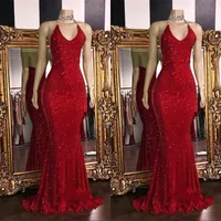 2019 Röda Sparkling Sequins Mermaid Long Prom Dresses Halter Beaded Backless Sweep Train Formal Party Evening Gowns