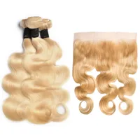 613 Blonde Körperwelle Haarbündel mit Spitze Frontal Anbieter Brazilian Remy Haarwebart 613 Farbe Körperwelle Remy Human Hair FEFTS