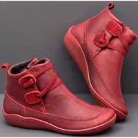 Las nuevas mujeres botas de cuero de los zapatos ocasionales del top del alto invierno de arranque de la primavera zapatos planos cortos botas marrones con fur 2020 Tamaño de color puro 35-43S