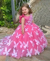 Ярко-розовый цветок девочки платья Crew бальное платье Маленькая девочка цветы ручной работы бабочка Урожай причастие Pageant платья Платья