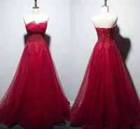 Image réelle rouge foncé pas cher Robes de bal en dentelle plissée Tulle unique bretelles à lacets Robes de soirée Robes De Noche demoiselle d'honneur