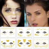 Flash Gold Face Tattoo Metallic Bling Stick Star Heart Butterfly Flower Design för kvinna Freckle Cover Eyebrow Eye Makeup Tillfälligt Tatoo