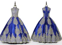 Vraie photo royal bleu or embellish girls pageant robe robe de robe de bal à col haut paillettes perlées enfants promenades ma soirée fille