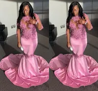South African Langarm-Rosa-Abschlussball-Kleider lang 2019 Meerjungfrau Stehkragen Applikationen Pailletten Lange Junior-Abschluss-Kleider Abendkleid Wear