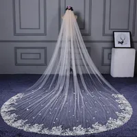 Champagne Tulle Approx 4 Meters Long Bridal Veils with Lace Appliques Charming Ivory Wedding Veil Accessories velo de novia largo