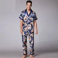 2017 Retro Fashion V Neck Short Sleeve pyjamas Soft Smooth Fake Silk Pajamas for Men with L XL XXL with Printing SY018
