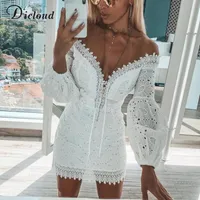 DICLOUD White Embroidery Elegant Spring Summer Bandage Dresses Women Beach Sundress Sexy Off Shoulder Short Party Wrap Bodycon
