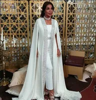 Dubai Moslim Avondjurken Witte pailletten Marokkaanse Kaftan Chiffon Cape Prom Speciale gelegenheid jurken Arabische lange mouw jurk avondkleding
