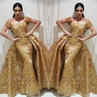 YOUSEF Aljasmi vestidos de noite sereia vestido de baile com lantejoulas de ouro laço destacável overskirt Sparkly Dubai árabe ocasião vestidos 2019