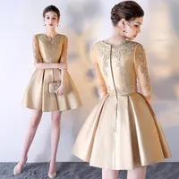 Gold Lace Satin Cocktail Dresses with Half Sleeves 2019 Knee Length Party Dress Elegant Short Bridesmaid Dresses