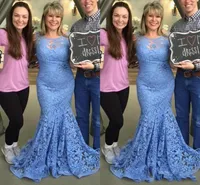 2019 nieuwe lichtblauwe moeder van de bruid jurken zeemeermin juweel hals mouwloze volledige kant plus size avondjurken dragen bruiloft gasten jurk