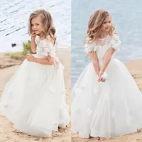 Bella pizzo 3D Floral Flower Girls Abiti 2020 Cap Sleeve Beach Bohemian Appliqued Toddler Pageant Gowns Tulle Bambini Comunione Dress
