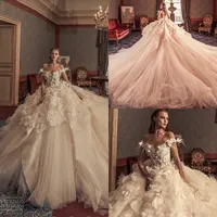 Julia Kontogruni Винтажные свадебные платья с плеча кружева 3D Цветочные аппликация Роскошные Страна свадебное платье пера Свадебные платья 4315