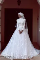Modest Lace muçulmana vestidos de noiva alta Long Neck Sleeve A Vestidos Linha Branca nupcial Trem da varredura Vestidos de casamento Custom Made Vestidos